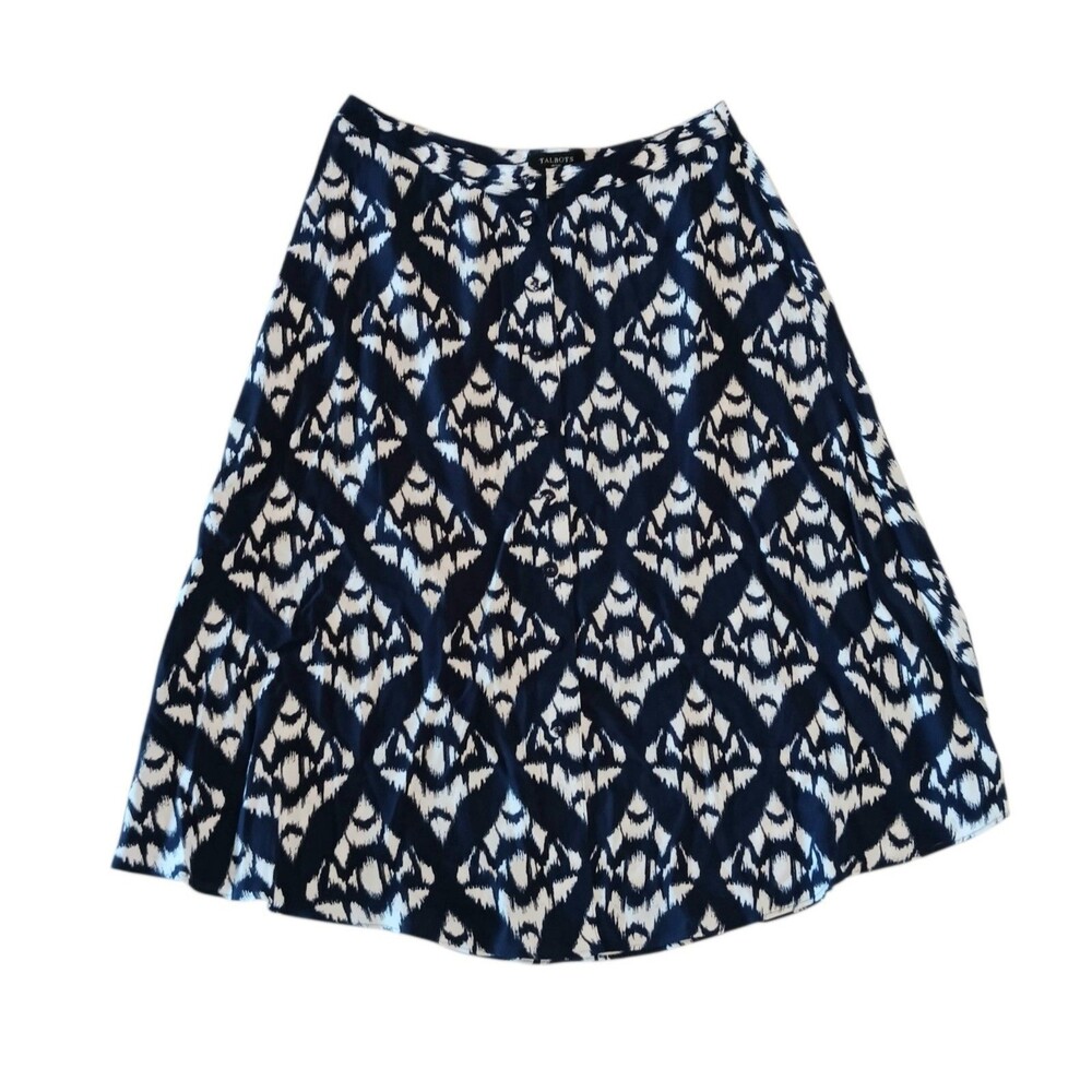 Talbots Ikat Midi Skirt Blue White Geometric Print Viscose A Line Sz 12 Petite